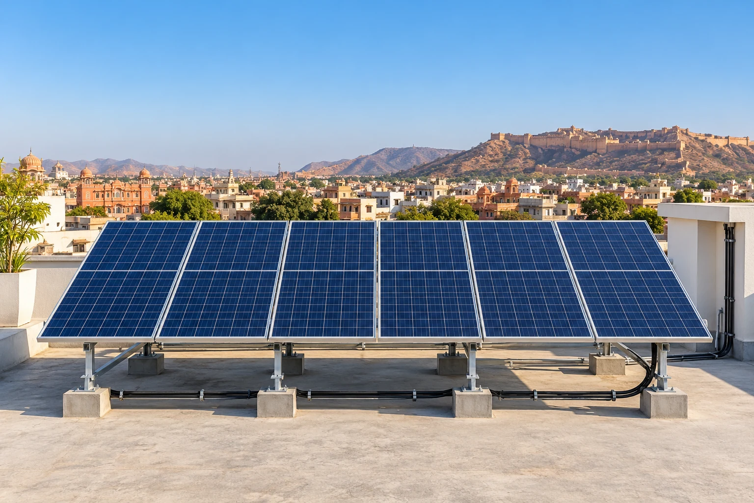 Solar panels across a sunlit Jaipur-style rooftop